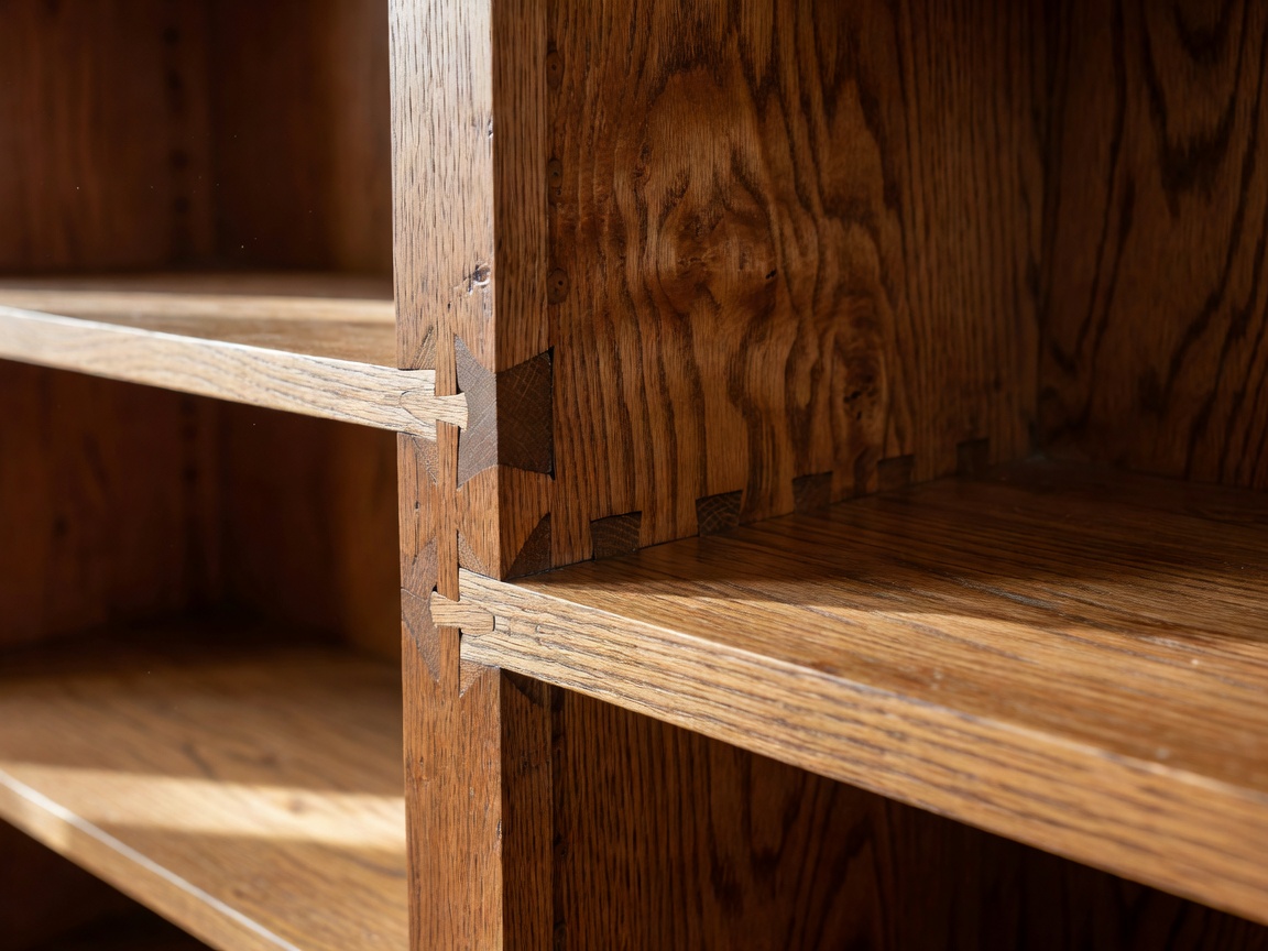 Close up view of bookshelf joints and wood grain