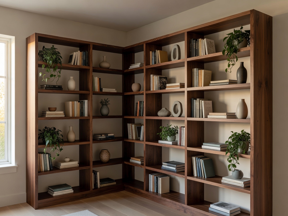 Custom built corner shelving wrapping around a room