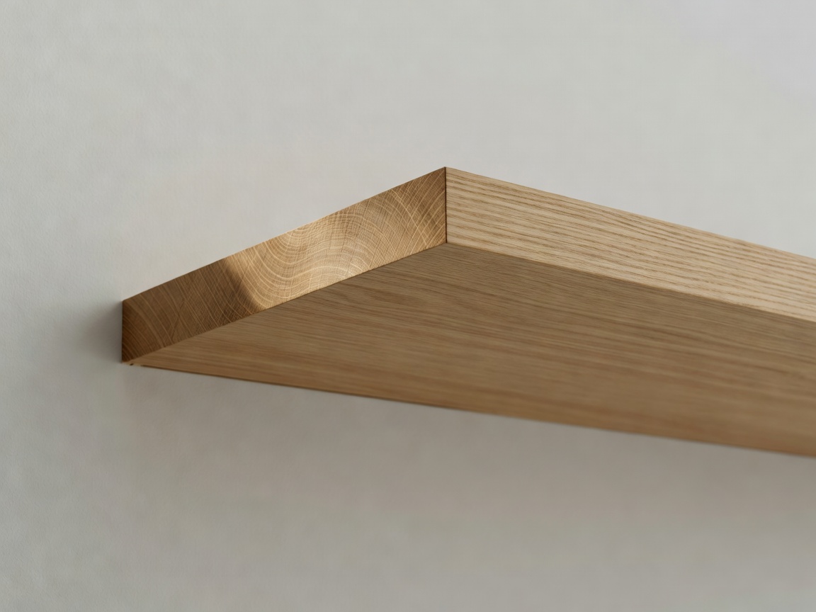 Detail shot of a minimalist wooden floating shelf mounting bracket