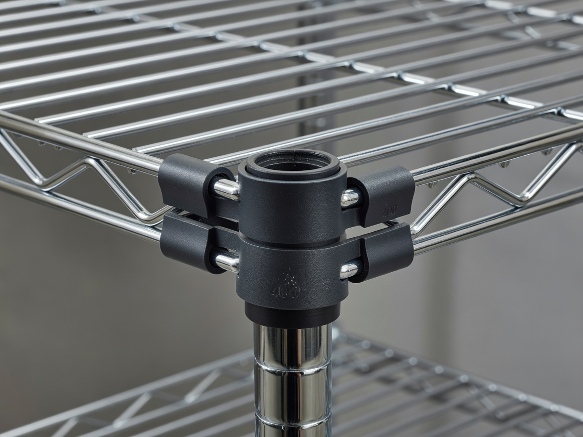 Detailed view of a wire shelf corner joint showing split sleeves