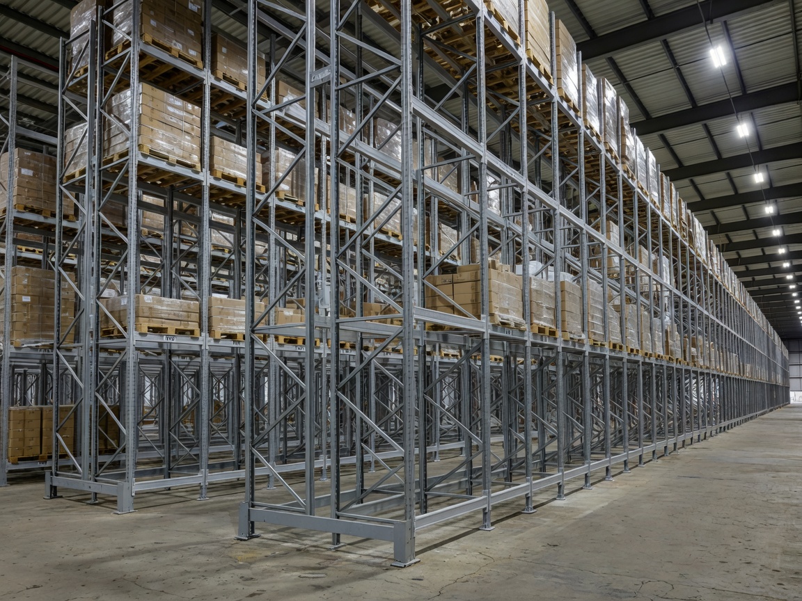 Heavy steel teardrop pallet racking in an industrial space