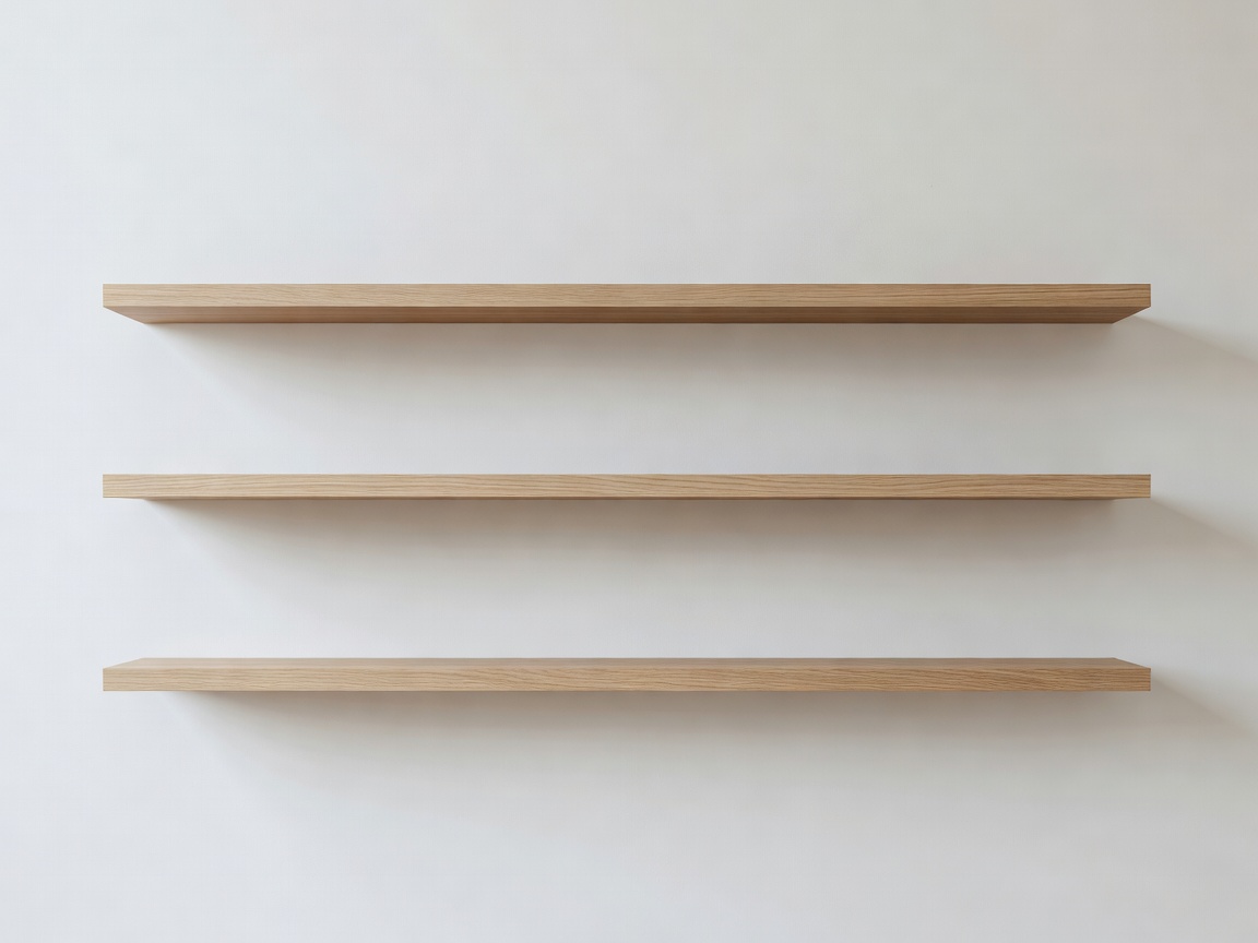 Minimalist wooden floating shelves mounted on a white wall